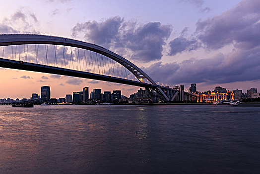 上海城市风光,卢浦大桥与黄浦江黄昏夜景