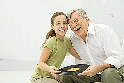 爷爷,孙女,拿着,唱片,一起,微笑,头像