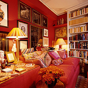 角,传统,客厅,红色,沙发,红墙,框架,绘画