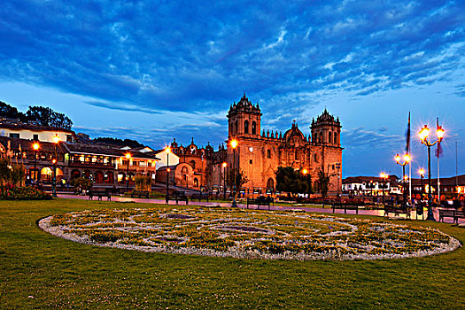 大教堂,黄昏,广场,阿玛斯,库斯科,省,秘鲁,南美