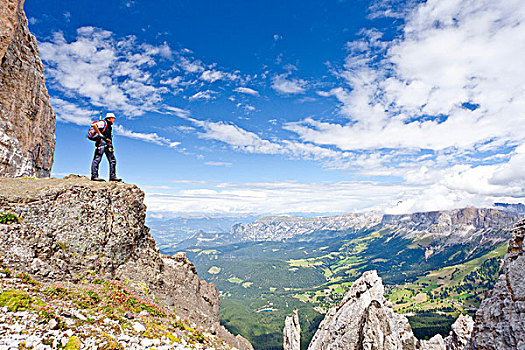 登山者,固定,绳索,路线,山脉,背影,白云岩,南蒂罗尔,意大利,欧洲