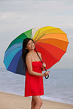 美女,站立,鲜明,伞