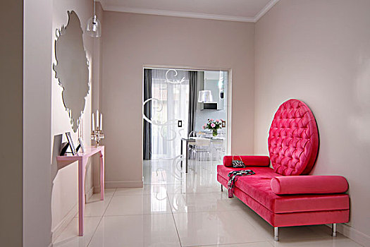 粉色,沙发,圆,靠背,苍白,桌子,仰视,镜子,优雅,现代,大厅