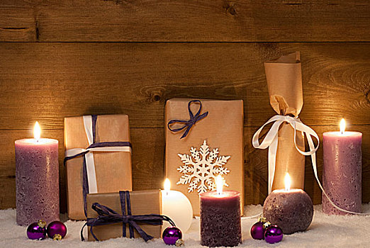 紫色,圣诞礼物,蜡烛,球,雪