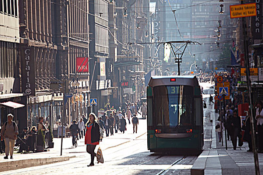 芬兰,赫尔辛基,街道,有轨电车,行人