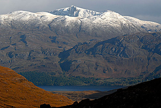 雪,顶峰,自然公园,湖,苏格兰高地,苏格兰,欧洲