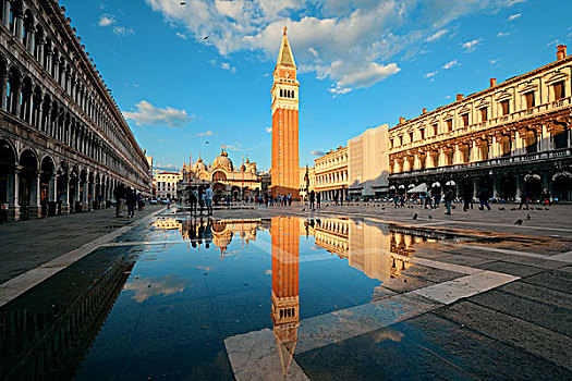 钟楼,古建筑,反射,圣马可广场,威尼斯,意大利
