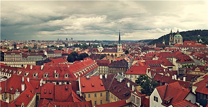 全景,特色,建筑,红色,屋顶,老城,阴天,布拉格,捷克共和国