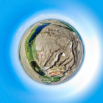 小行星视角,航拍宁夏银川水洞沟旅游区球形全景图