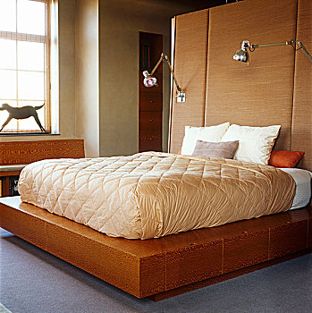 卧室,错综复杂,纹理,木,窗边,床,被子,粗糙,亚麻布,床头板,增加,笔记,对比,质地,房间
