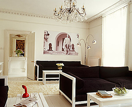 现代,黑白,沙发,简单,白色,木桌,装饰,乔治时期风格,房间,水晶,吊灯