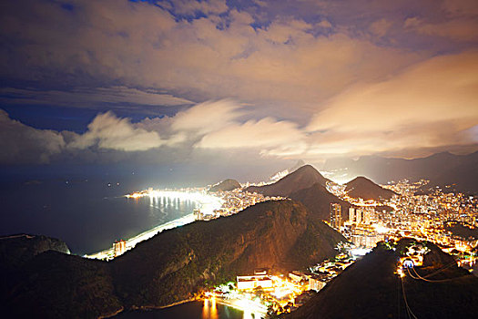 夜景,港口,山,甜面包山,里约热内卢,巴西