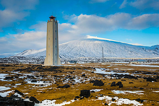 灯塔,半岛,斯奈山半岛,背景,火山,韦斯特兰德,冰岛,欧洲