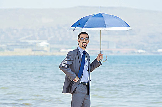 男人,伞,海边,海滩