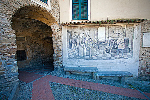 墙壁,描绘,中世纪,城镇,因佩里亚,省,里维埃拉,利古里亚,意大利,地中海,欧洲