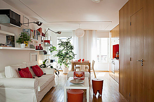 合适,厨房,橙色,凳子,白色,沙发,盆栽植物,公寓