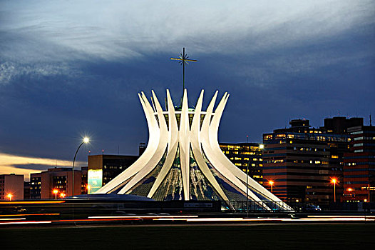 大教堂,夜晚,建筑师,奥斯卡-涅梅耶,巴西利亚,联邦,巴西,南美