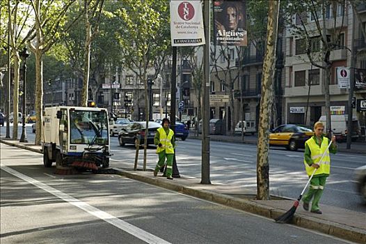 两个女人,扫帚,反光背心,汽车,街道,清洁,街景,巴塞罗那,加泰罗尼亚,西班牙