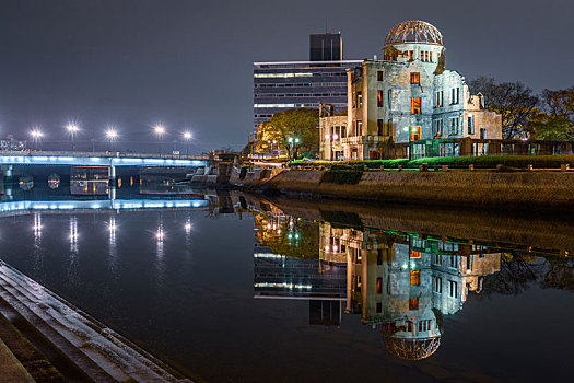 广岛和平纪念馆,反射,湖,夜晚,广岛,日本