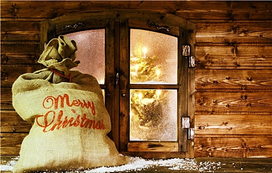圣诞老人,袋,旧式,木质,窗玻璃