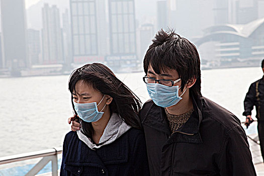 中国,香港,伴侣,穿,感冒,面具