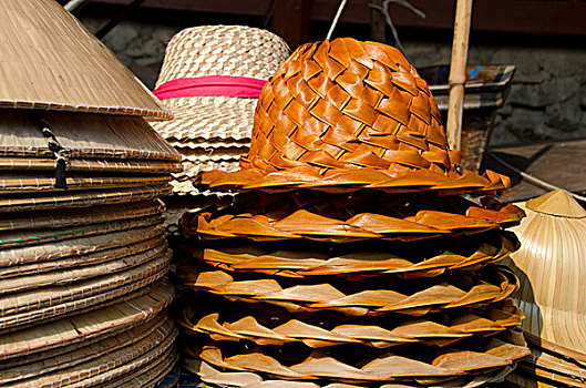 泰国,丹嫩沙多水上市场,传统,纪念品,帽子,出售,船,水上市场