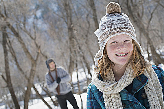 冬季风景,雪,地上,女孩,绒球帽,围巾,户外,一个,男人,背景