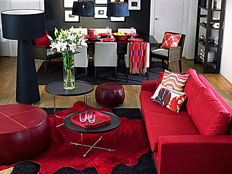 客厅,红色,沙发,就餐区,背景
