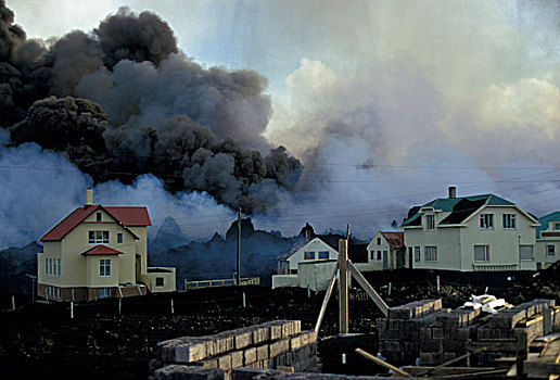 建筑,烟,火山岩,火山爆发,火山,海伊玛伊,岛,冰岛
