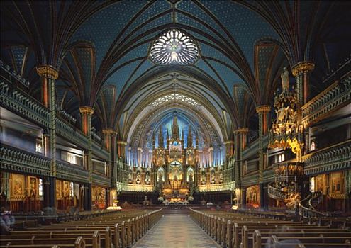 魁北克,蒙特利尔,圣母大教堂,空,教堂长椅,合唱团,背影