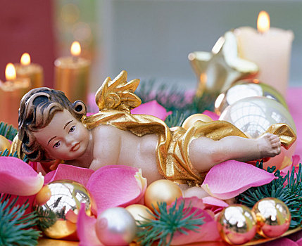天使,床上,玫瑰,金色,圣诞树球
