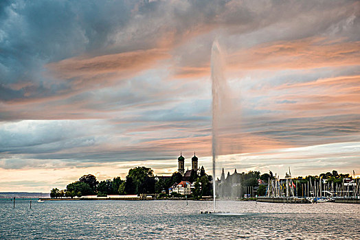 喷泉,雷云,日落,背景,佛瑞德利希港,康士坦茨湖,巴登符腾堡,德国,欧洲