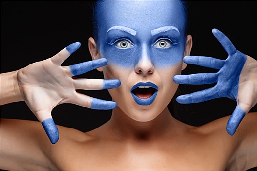 女人,头像,姿势,遮盖,蓝色,绘画