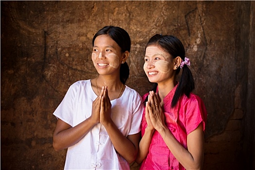 两个,年轻,缅甸,女孩,祈祷