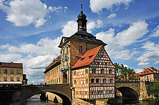 老市政厅,建造,高处,河,桥,街道,班贝格,上弗兰科尼亚,巴伐利亚,德国,欧洲