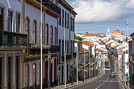 主要街道,特色,房子,建筑,教堂,远景,世界遗产,岛屿,亚速尔群岛,葡萄牙