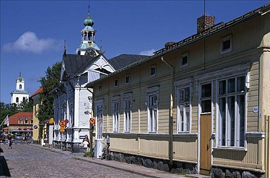 街道,木屋,教堂,尖顶,芬兰,斯堪的纳维亚,欧洲,世界遗产