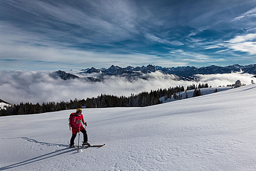 滑雪,旅游,导游,上升,原生态,滑雪区,后面,雾,遮盖,山,地区,巴伐利亚,德国,欧洲