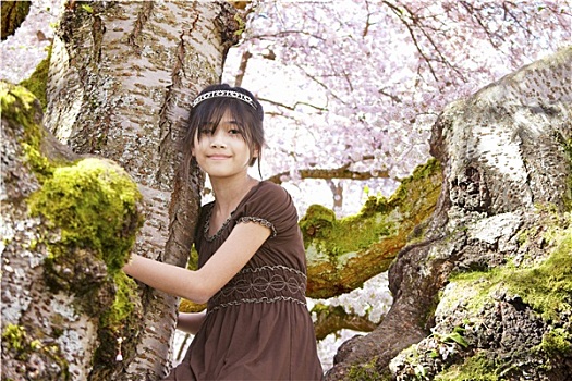 女孩,坐,枝条,花,樱桃树