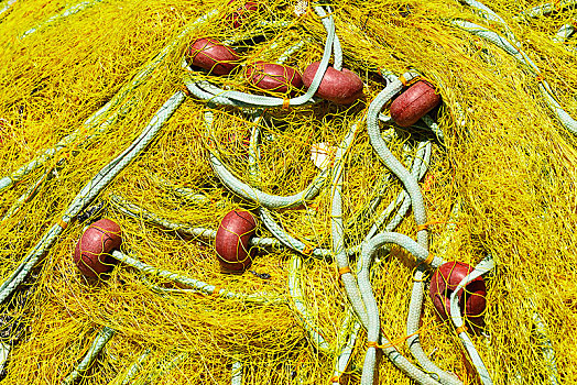 黄色,渔网,特写,老,港口,克里特岛,希腊,欧洲