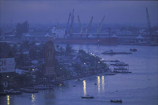 越南,城市,俯视图,港口,河,黄昏,蓝色