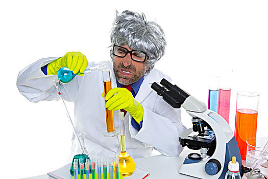 疯狂,呆痴,科学家,有趣,表情,实验室,化学品,实验