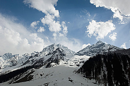 云,上方,积雪,山峦,冰河,查谟-克什米尔邦,印度