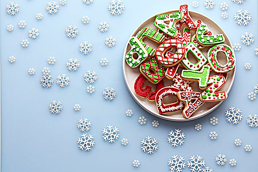俯视,盘子,圣诞节,甜饼,文字,形状,蓝色背景,背景,雪花饼