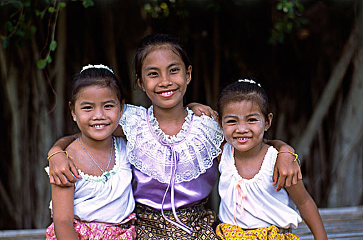 泰国,曼谷,玫瑰园,孩子,三个女孩