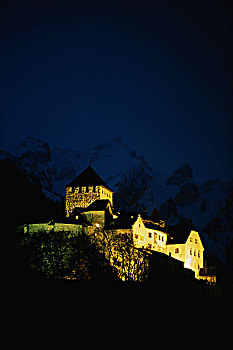 列支敦士登,瓦杜兹,城堡,山,背景,夜晚,大幅,尺寸