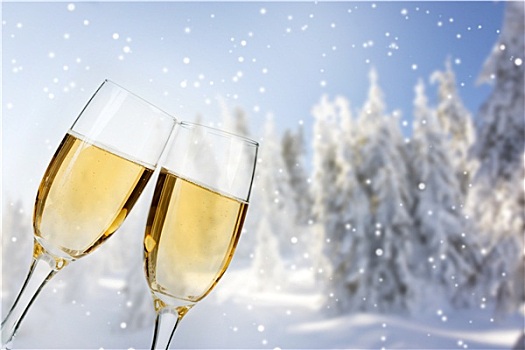 玻璃杯,香槟,冬天,背景