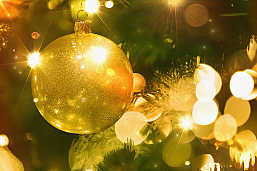 特写,金色,装饰,线,亮灯,圣诞树