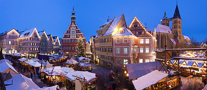 圣诞市场,马尔克特广场,埃斯林根,老市政厅,城镇,教堂,内卡河,巴登符腾堡,德国,欧洲