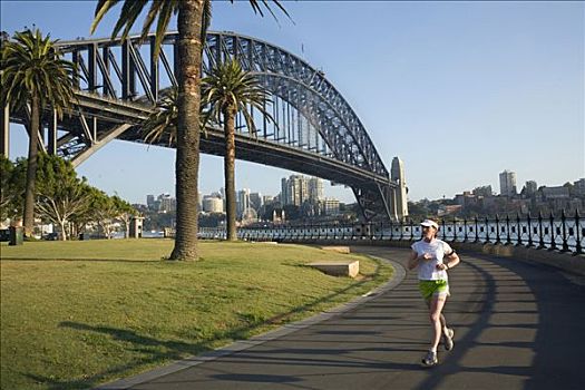 澳大利亚,新南威尔士,悉尼,早晨,慢跑者,自然保护区,脚,海港大桥,小湾